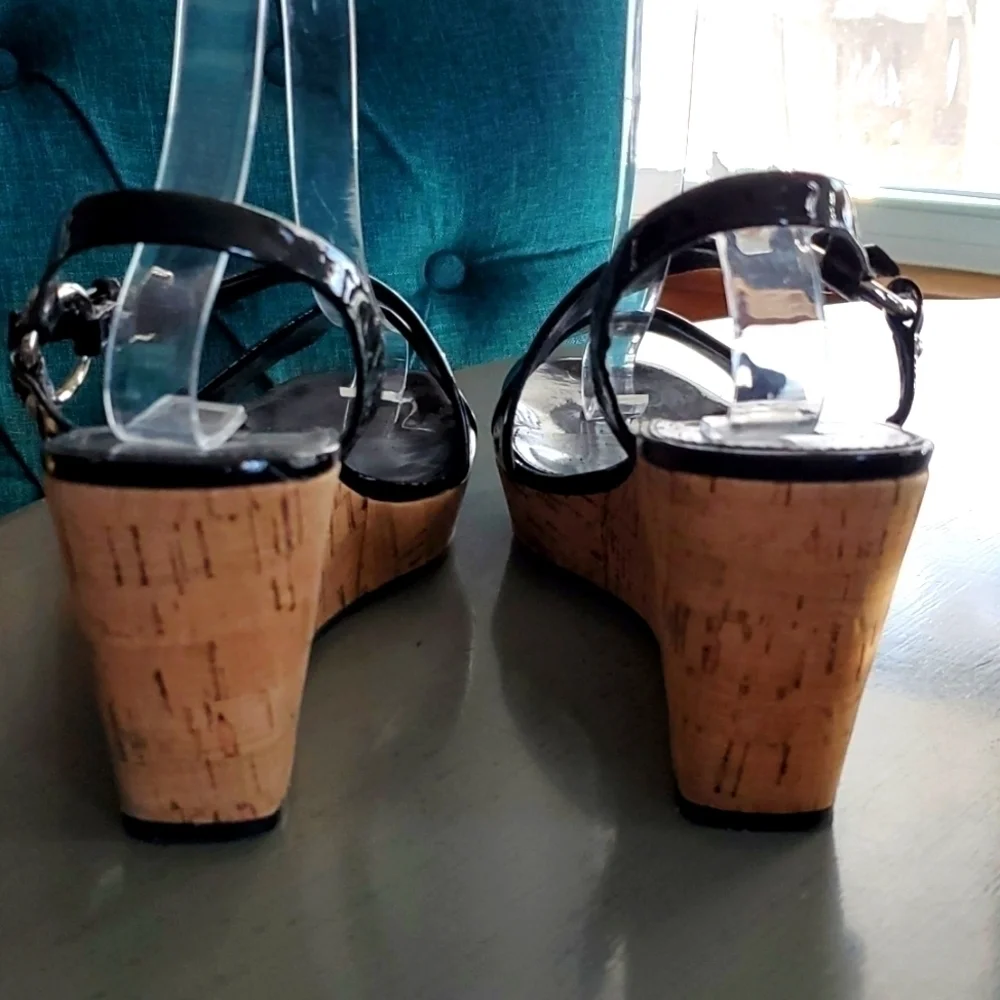 Franco Sarto|Womens  Black/ Cork Strappy Wedge Sandal Heels Evening Office Sz.8